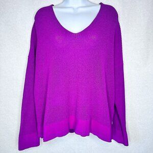 Eileen Fisher Corded V Neck Box Top Long Sleeve Sweater in Deep Mauve - Size M